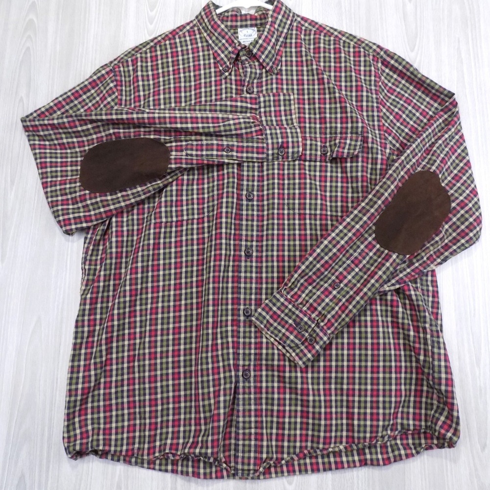 Brooks Brothers Mens L Plaid Cotton Cashmere Elbow Patch Button Down Shirt Reg
